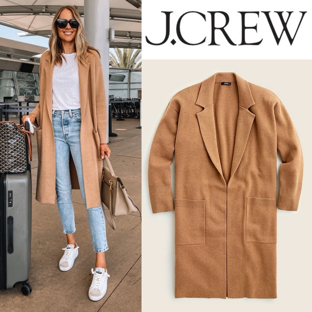 NWT J Crew Ella Open Front Long Sweater Blazer Coat XL in Dark Camel Tan AD753 - Picture 1 of 15